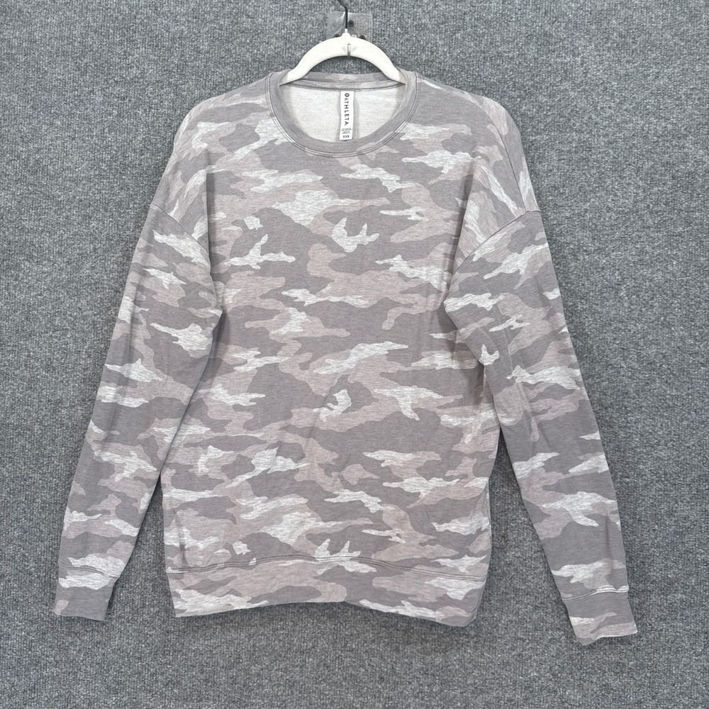 Athleta Sweatshirt Women XXS Gray Camo Relaxed Fit Pullover Crew Oversized